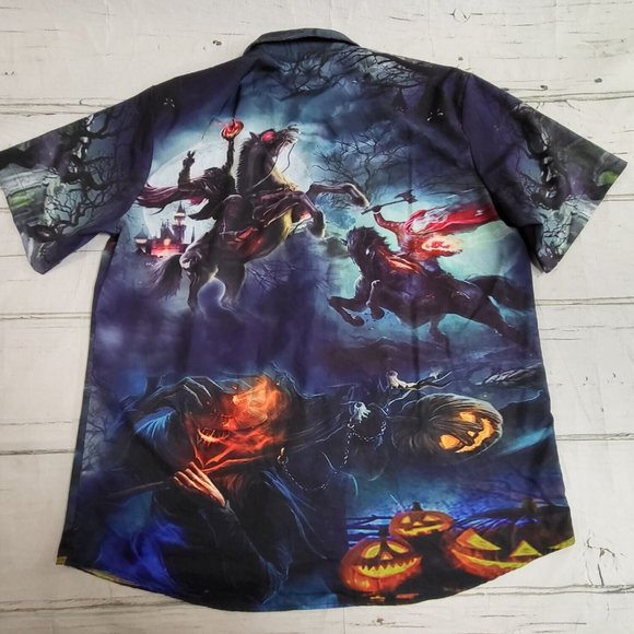 Headless Horseman 3D All Over Halloween Party Button Down Shirt Mens XXL EUC - Picture 2 of 5